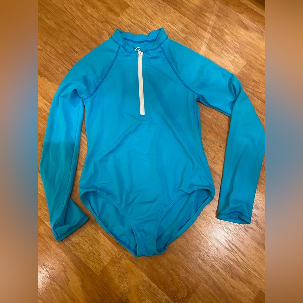 Landsend- label falling. Aqua one piece swimsuit long sleeve rash guard. 14 Girl